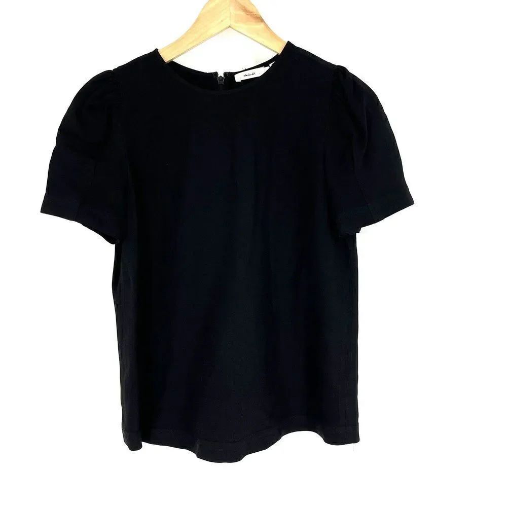 ALC Blouse Size 2 Womens Black Stretch Crew Neck Puff Sleeve Top Career Shirt